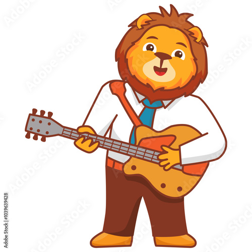 Funny lion playing guitar.Cute rockstar hare.Animal cartoon characters.Vector illustration. The musician plays the guitar.Musician with guitar.