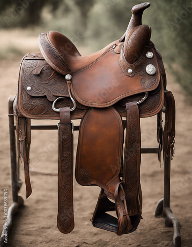 A handcrafted Western-style saddle features intricate tooled leather patterns, showcasing artistry.






 photo