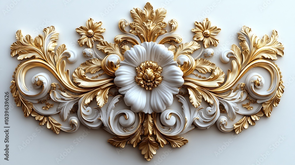 Opulent golden Baroque floral ornament swirling leaf filigree and vintage details richly adorning a white background with intricate Renaissance and rococoinspired decorative patterns Opulent golden Baroque floral ornament swirling leaf filigree and vintage details richly adorning a white background with intricate Renaissance and rococoinspired decorative patterns