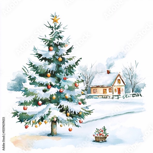Wallpaper Mural Watercolor small cozy houses in winter village with Christmas tree. Christmas card design illustration, seasonal greetings with New Year's greetings Torontodigital.ca