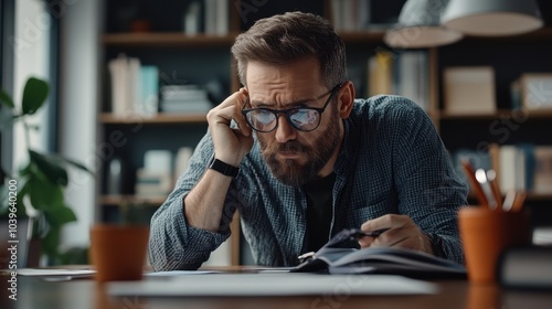 Focused Man Reviewing Documents at Desk