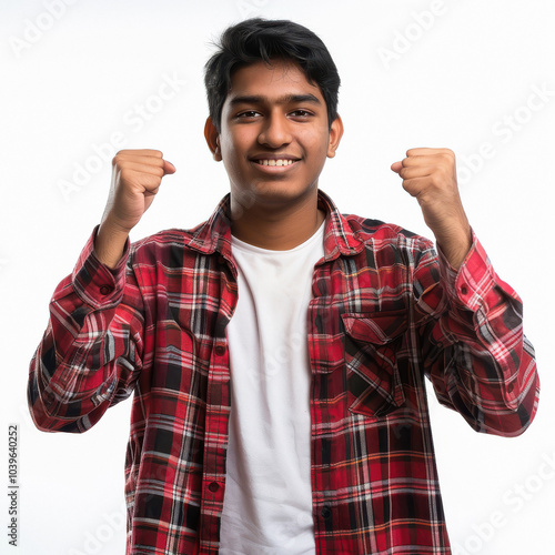 Young indian college man satisfied winning the prize and celebrating, doing fist pump and joyful, white background photo