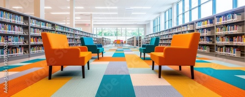 Bright and inviting library space with colorful seating and vibrant carpeting for engaging learning experiences