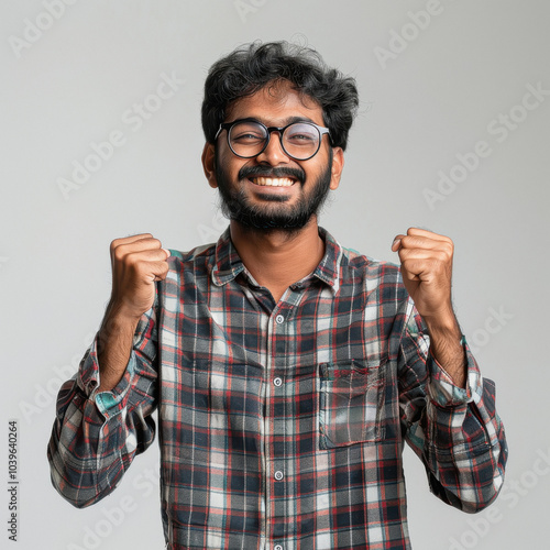 Young indian college man satisfied winning the prize and celebrating, doing fist pump and joyful, white background photo