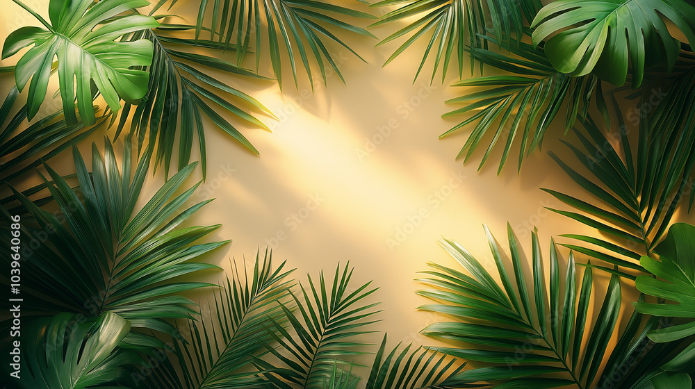 A large green leafy plant with a yellow background A large green leafy plant with a yellow background