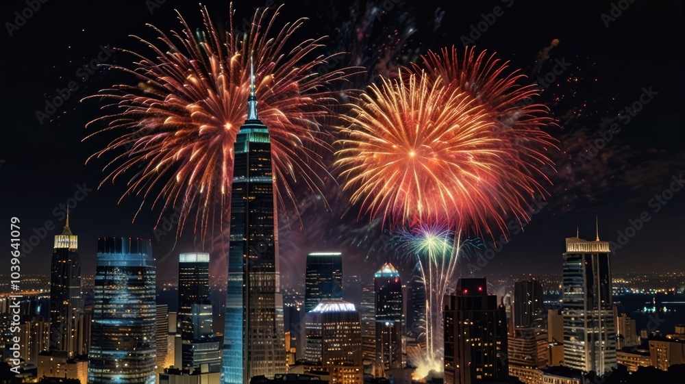A stunning view of fireworks exploding over the New York City skyline. A stunning view of fireworks exploding over the New York City skyline.