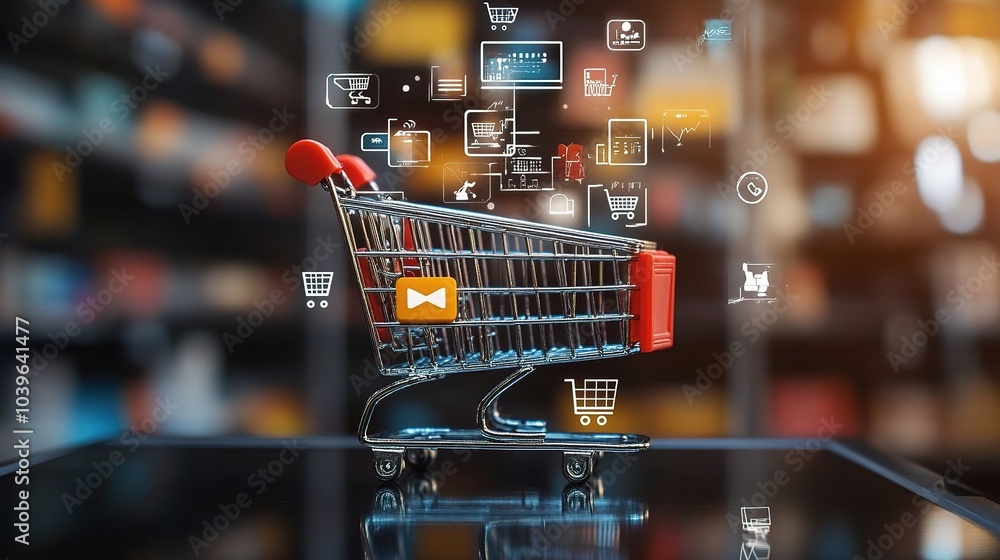Shopping Cart with Digital Icons for E-commerce Shopping Cart with Digital Icons for E-commerce