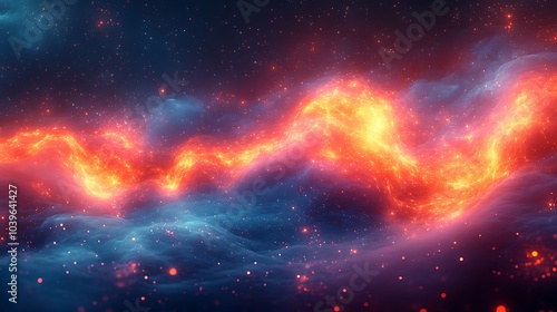 Abstract glowing red and blue streaks in a swirling, dark space.