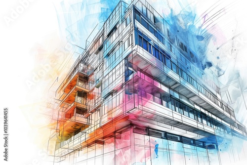 Modern architecture building background. Line and watercolor painting