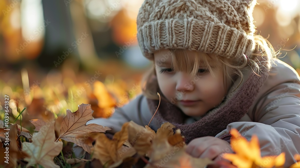 Close-up of a young child wearing a cozy hat, playing with fallen leaves in... Close-up of a young child wearing a cozy hat, playing with fallen leaves in...