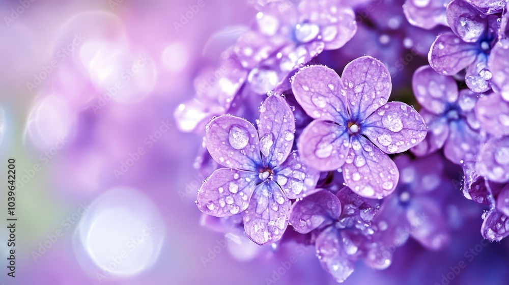 A close-up of numerous purple flowers with dewdrops on their petals features a slightly out-of-focus background A close-up of numerous purple flowers with dewdrops on their petals features a slightly out-of-focus background