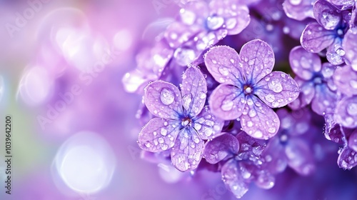  A close-up of numerous purple flowers with dewdrops on their petals features a slightly out-of-focus background