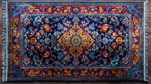 A Stunning Overhead Perspective of an Ancient Persian Carpet with Exquisite Traditional Patterns in Vibrant Colors and Realistic Lighting