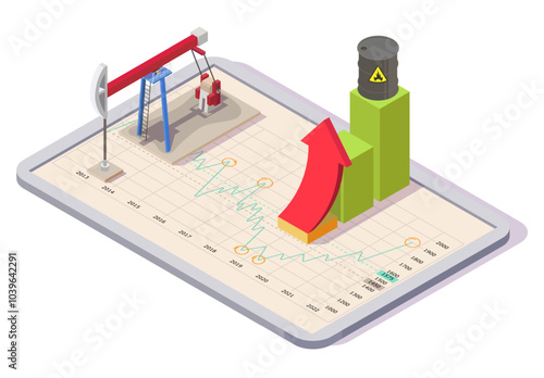 Oil barrel rise in price, world finance crisis isometric vector illustration. Crude fuel production expenses, increasing cost on graphs and expensive gasoline stock market