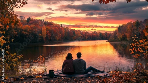 Couple sharing a blanket and watching the sunset over a lake, surrounded by...