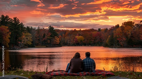 Couple sharing a blanket and watching the sunset over a lake, surrounded by... photo