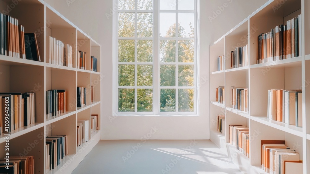 A serene library space with natural light pouring through large windows showcasing shelves of books and a comfortable atmosphere for reading A serene library space with natural light pouring through large windows showcasing shelves of books and a comfortable atmosphere for reading