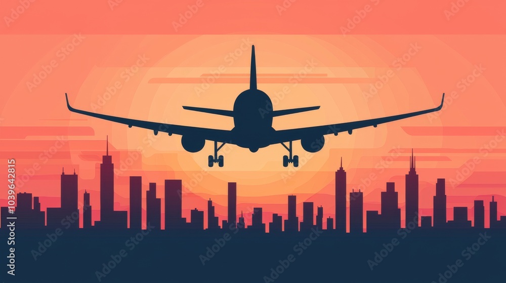 Airplane Landing Over City Skyline at Sunset. Airplane Landing Over City Skyline at Sunset.