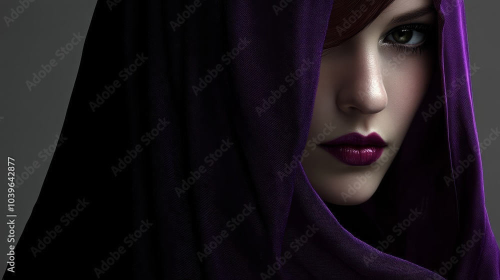 veil covering her head, lips painted deep purple veil covering her head, lips painted deep purple