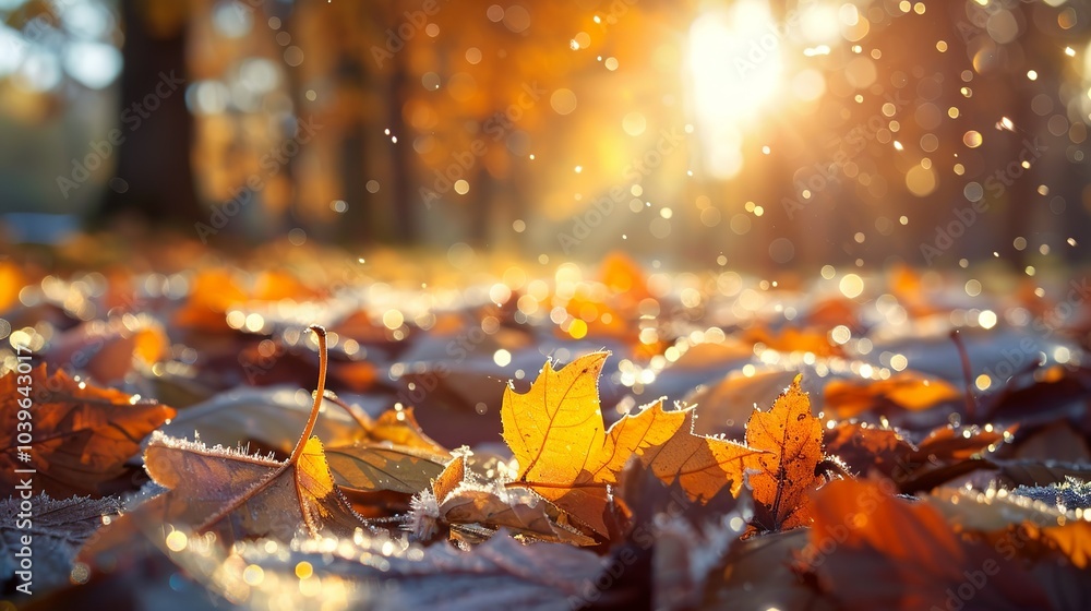 Early morning photo of frost on autumn leaves, with sunlight just beginning... Early morning photo of frost on autumn leaves, with sunlight just beginning...