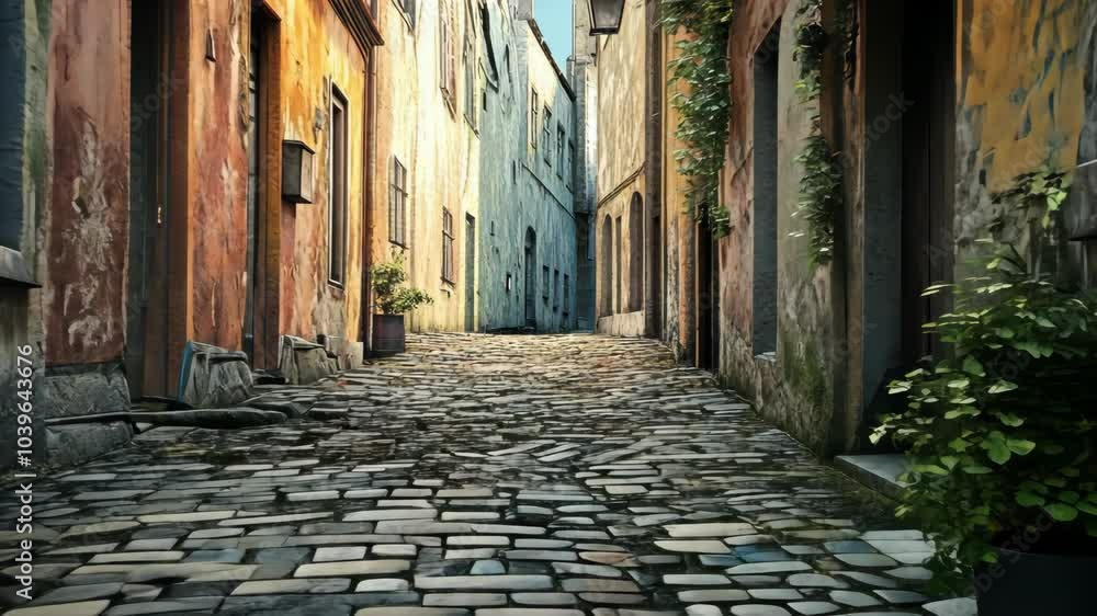 A cobblestone street winds through a narrow alleyway in a European city A cobblestone street winds through a narrow alleyway in a European city