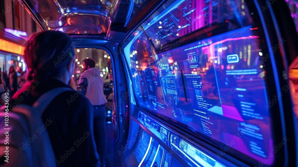 A woman stands inside a futuristic vehicle with a large digital display showing data and information. A woman stands inside a futuristic vehicle with a large digital display showing data and information.