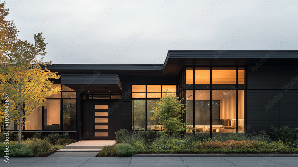 Fototapeta premium A large black house with a white trim and a black front door
