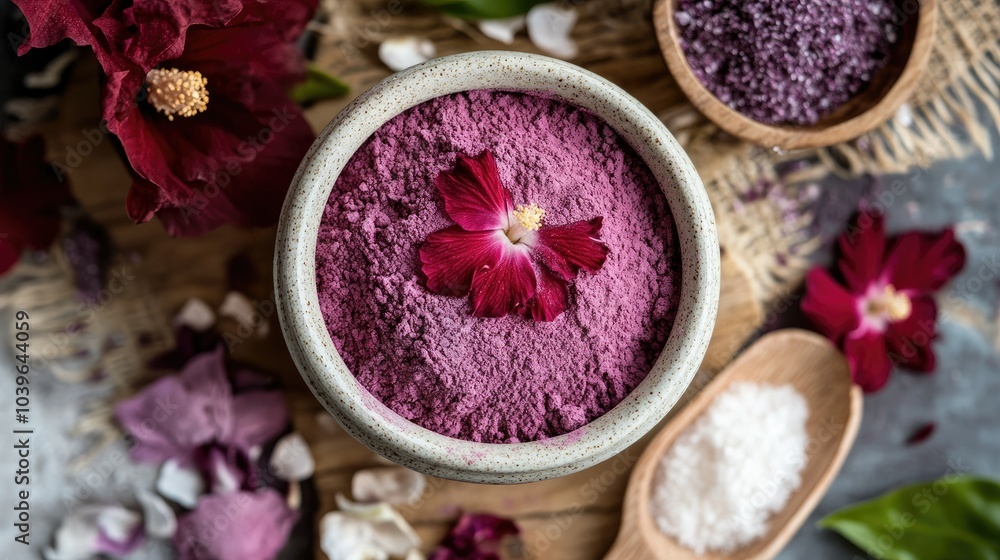 Hibiscus powder displayed in a ceramic jar, surrounded by natural ingredients for creating DIY face and body exfoliating scrubs. Hibiscus powder displayed in a ceramic jar, surrounded by natural ingredients for creating DIY face and body exfoliating scrubs.
