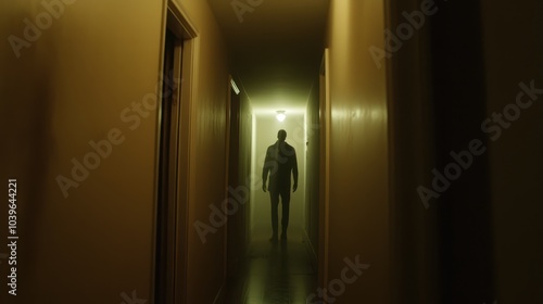 A shadowy figure stands at the end of a dimly lit hallway, creating an eerie atmosphere filled with suspense and mystery.