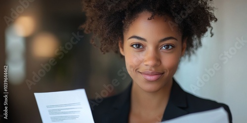 A dynamic close-up of a young entrepreneur holding a contract or business document, smiling confidently, with subtle lighting focusing on their face and the document, capturing the moment of triumph.