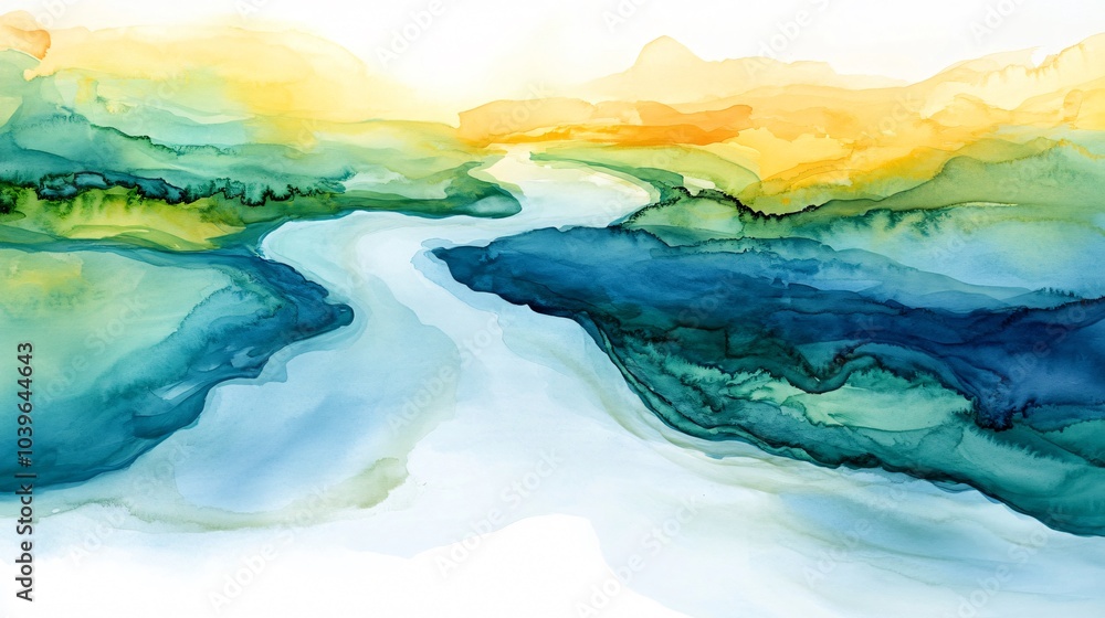 Fototapeta premium Abstract watercolor painting with a flowing river surrounded by green and blue mountains.