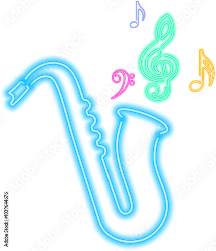 Vibrant illustration featuring a neon glowing saxophone with music notes. Perfect for jazz themed design, adding energy and musical vibes to your projects. Abstract saxophone wind musical instrument.