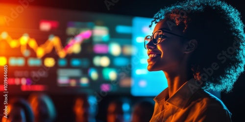 A dynamic young businessperson delivering a successful presentation to a captivated audience, their face glowing with confidence and determination, with business charts and graphs in the background.