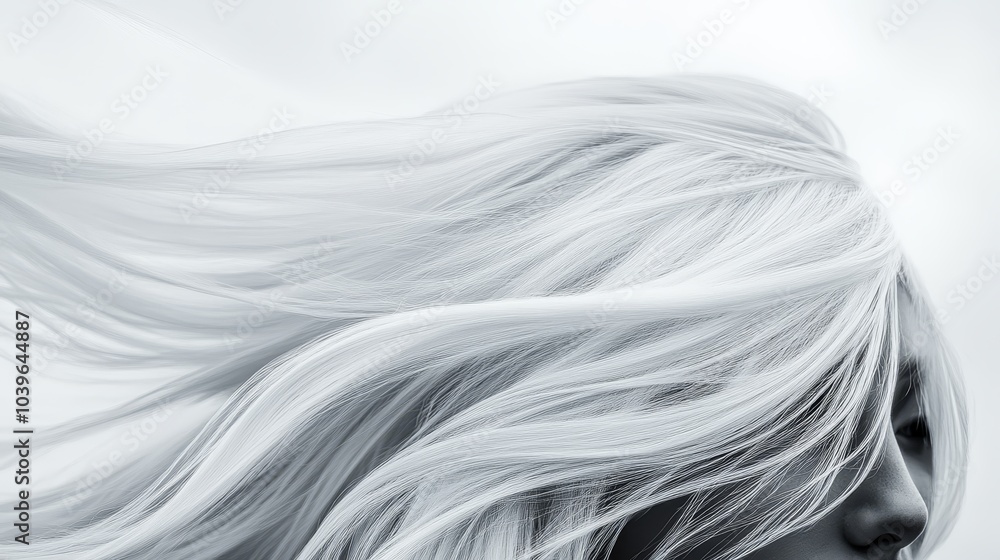 Naklejka premium A black-and-white image of a woman with windswept hair