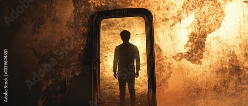 A solitary figure stands framed in a doorway, illuminated by a fiery backdrop, evoking themes of introspection and transformation. photo