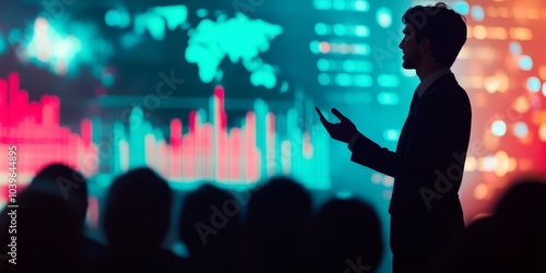 A dynamic young businessperson delivering a successful presentation to a captivated audience, their face glowing with confidence and determination, with business charts and graphs in the background.