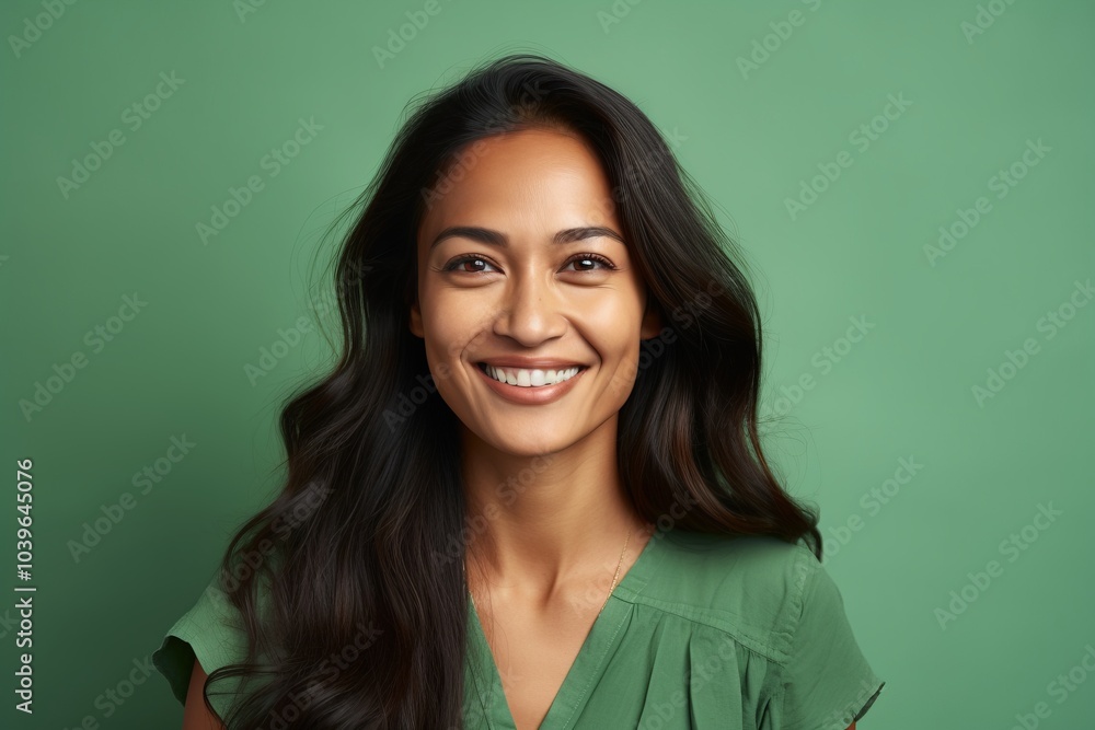 Smiling asian woman looking at camera over green background, portrait Smiling asian woman looking at camera over green background, portrait