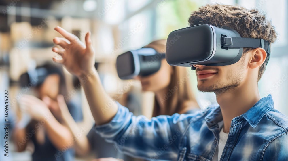 Group of people using virtual reality glasses are interacting with virtual world Group of people using virtual reality glasses are interacting with virtual world