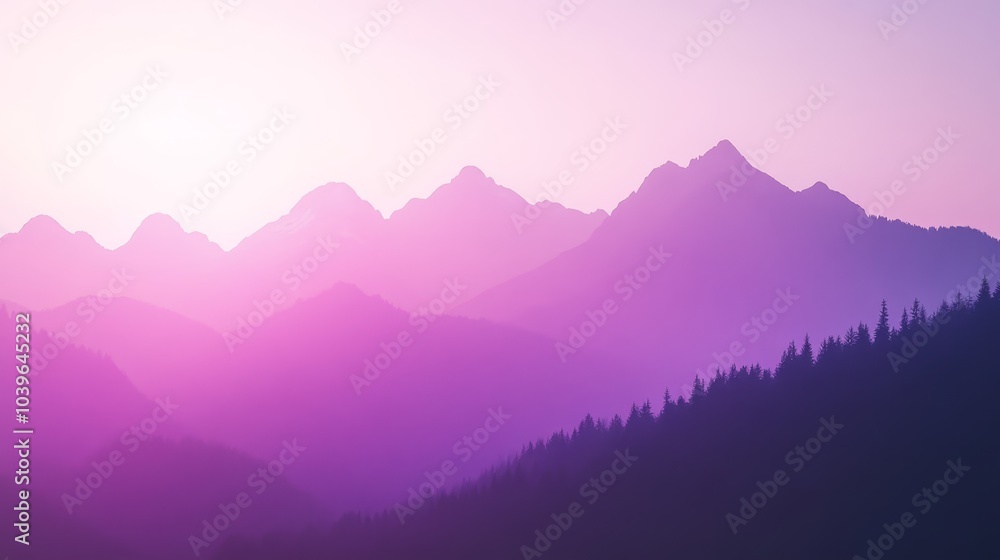 Fototapeta premium A mountain range with trees in the foreground and a pink-purple sky backdrop, sun included in the distance