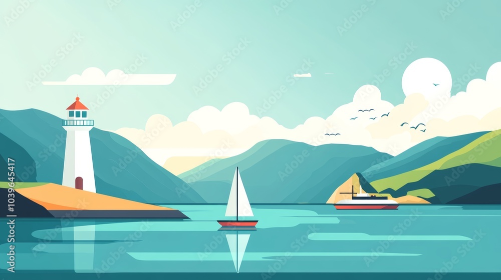 Scenic Seascape with a Lighthouse and Sailboats Scenic Seascape with a Lighthouse and Sailboats