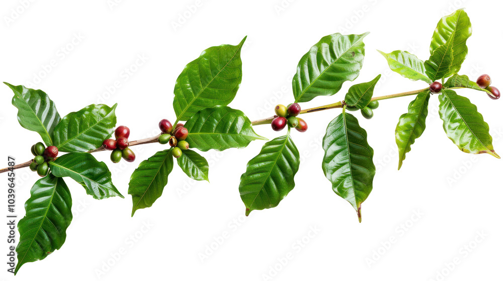 Coffee tree branch with green leaves and unripe coffee fruits or coffee cherries Isolated from the white background. Coffee tree branch with green leaves and unripe coffee fruits or coffee cherries Isolated from the white background.