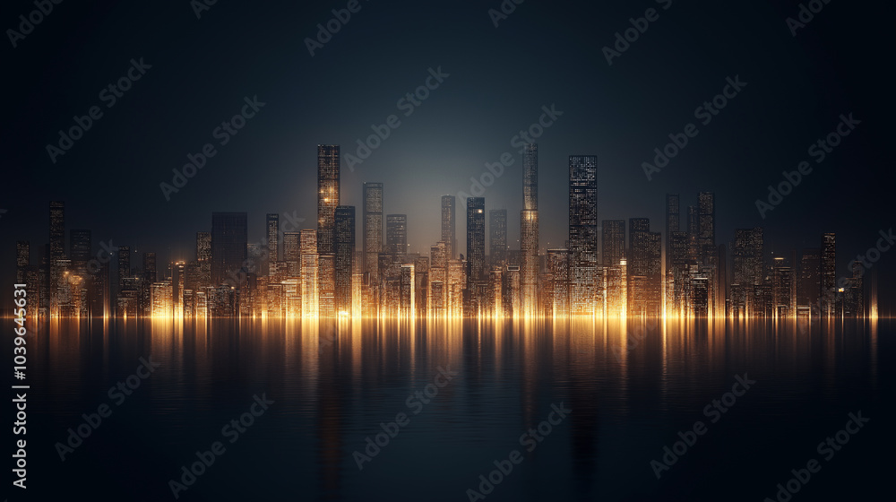 Fototapeta premium A city skyline is lit up at night, with the lights reflecting off the water