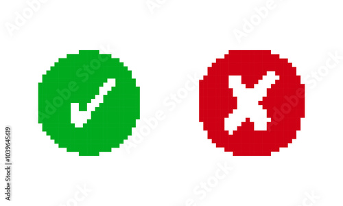 Circle Buttons of Green Check and Red Cross Icon in Pixel Art Style. Check Mark Icon. Check Box Icon with Right and Wrong Circle Buttons. Isolated Vector Illustration