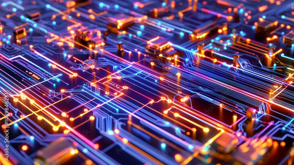 Futuristic 3D Render of High-Tech Backdrop with Vibrant Digital Circuit Pattern Illuminated in Bright Colors for Electronic Products Showcase, Ultra-Detailed Illustration Futuristic 3D Render of High-Tech Backdrop with Vibrant Digital Circuit Pattern Illuminated in Bright Colors for Electronic Products Showcase, Ultra-Detailed Illustration