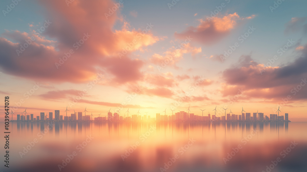 Obraz premium A city skyline is reflected in the water at sunset
