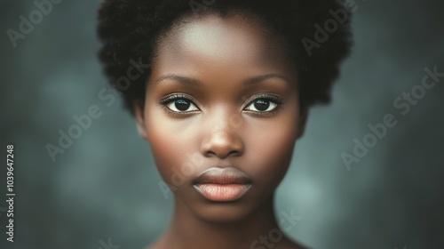 black hair, blue eyeshadow, neutral backdrop