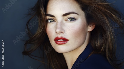 Wallpaper Mural  A woman with long brown hair and red lips is captured in a close-up, with hair billowing in the wind Torontodigital.ca