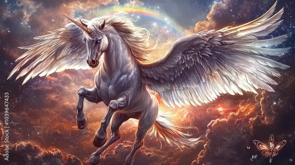 Create a stunning illustration of a majestic flying horse, capturing the magic and grace of this mythical creature. Create a stunning illustration of a majestic flying horse, capturing the magic and grace of this mythical creature.