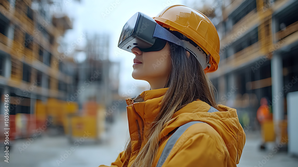Naklejka premium A young woman wearing a hard hat and safety vest uses a virtual reality headset while standing on a construction site.
