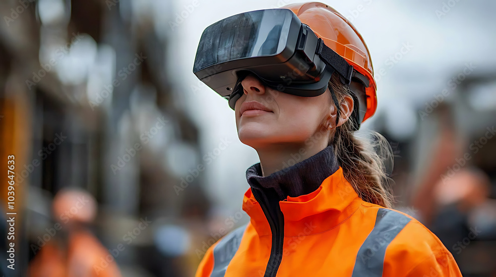 A young woman construction worker wearing a hardhat and a virtual reality headset looks up while standing on a construction site. A young woman construction worker wearing a hardhat and a virtual reality headset looks up while standing on a construction site.